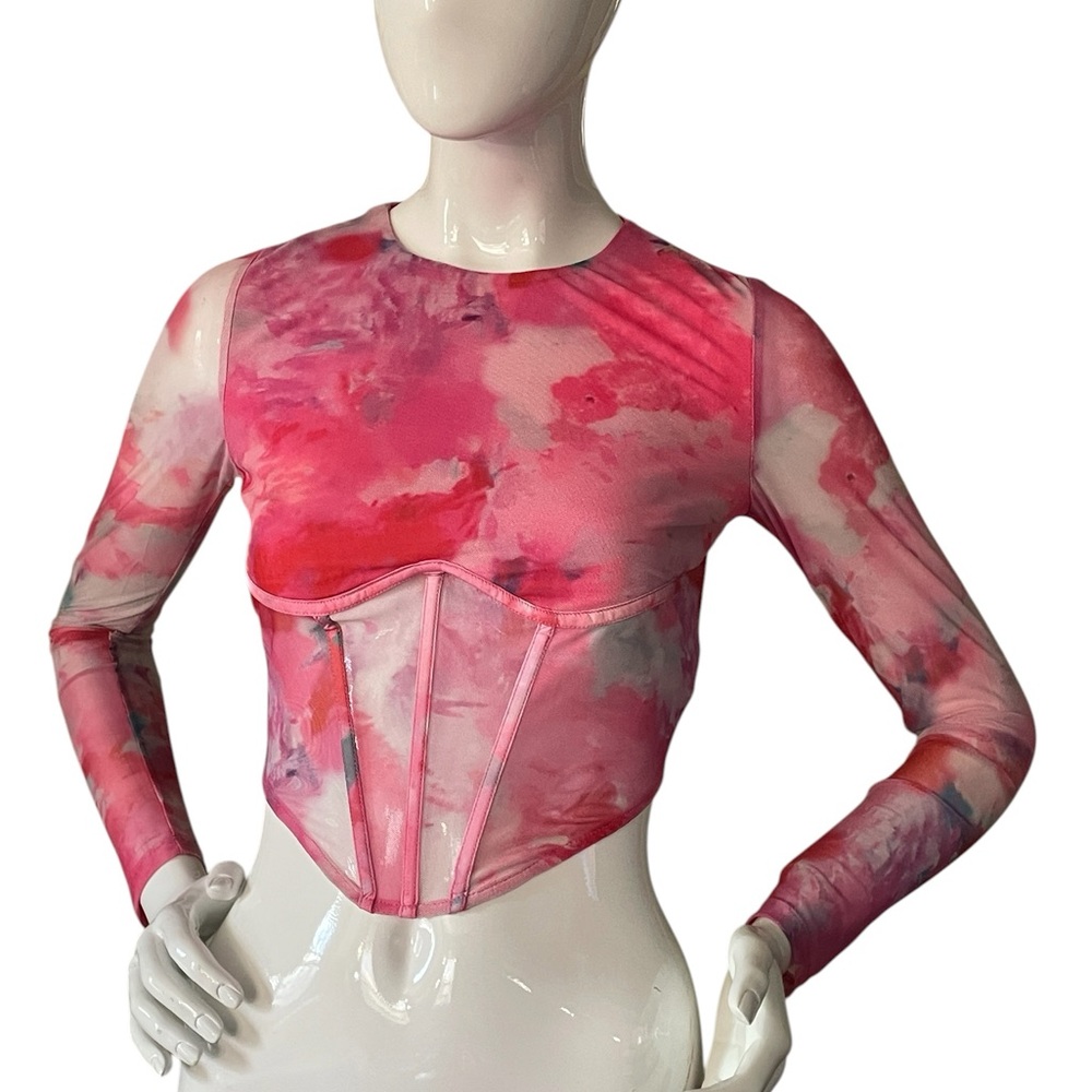 Bardot Pink Tie-Dye Mesh Corset Crop Top